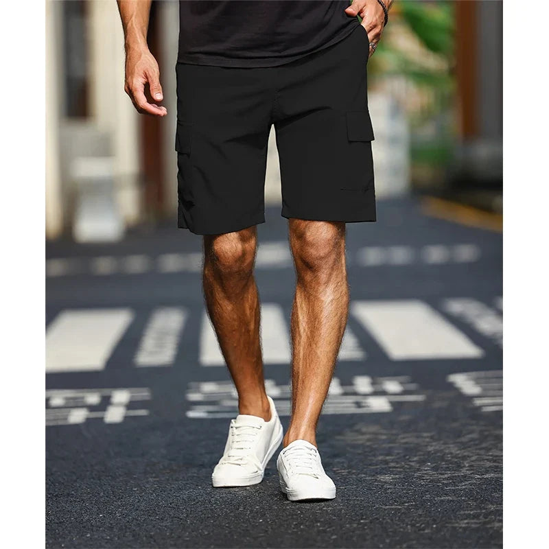 Drawstring Carga Shorts dos homens, bolso cor sólida