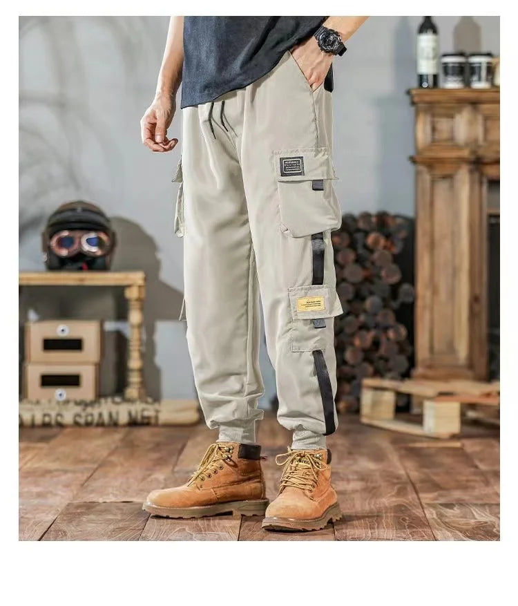 Masculino Casual Hip Hop Calças Cargo, Hit Color, Calças Bolsos Múltiplos, Streetwear, Fitas Techwear, Moletom