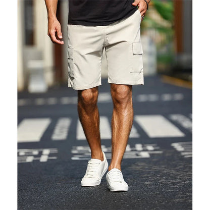 Drawstring Carga Shorts dos homens, bolso cor sólida