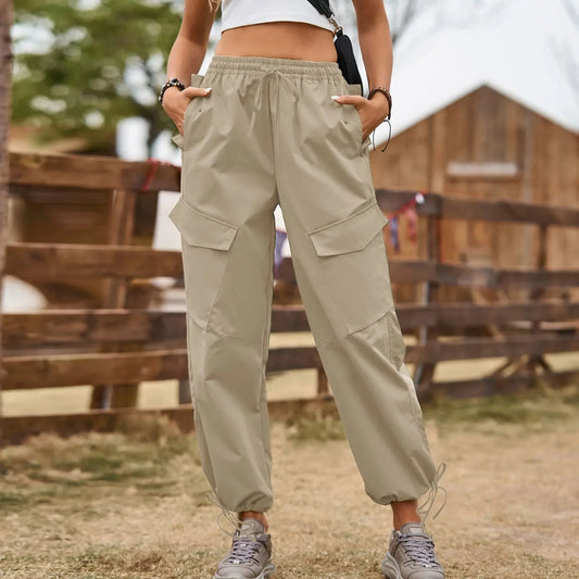 Calça retrô Harajuku feminina, com bolsos, macacão solto, cintura de cordão, streetwear casual, estilo americano