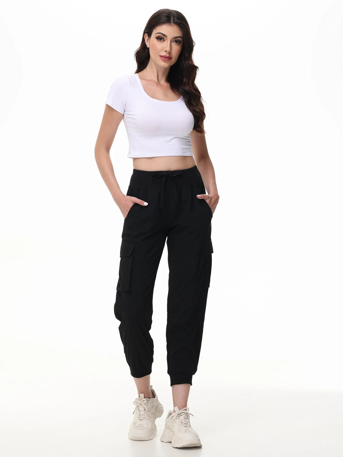 Calças femininas casuais para ioga e corrida, tecido elástico e calças cortadas respiráveis, calças com 6 bolsos para mães femininas