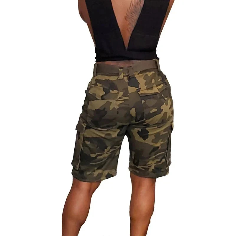 Stigende Camuflagem Verão Shorts de Carga Mulheres Casual Bandagem Bolso Shorts Senhoras Slim Fit Lace Up Botão Shorts Streetwear