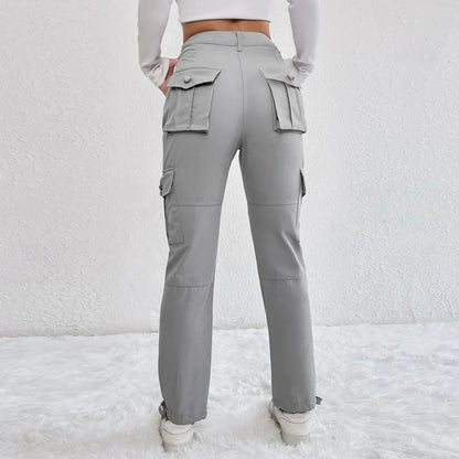 Calças femininas multi-bolsos, calças de trabalho cargo, joggers casuais, calças estilo workwear, moletom tendência, moda feminina