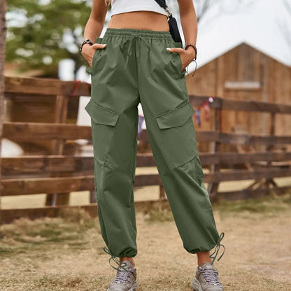 Calça retrô Harajuku feminina, com bolsos, macacão solto, cintura de cordão, streetwear casual, estilo americano