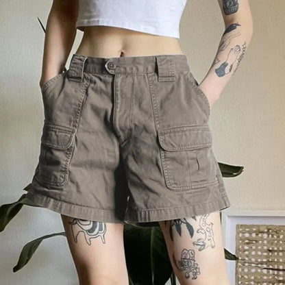 Calções de carga retos moda feminina americano retro simples lazer all-match verão quente streetwear meados cintura bolsos designer ins