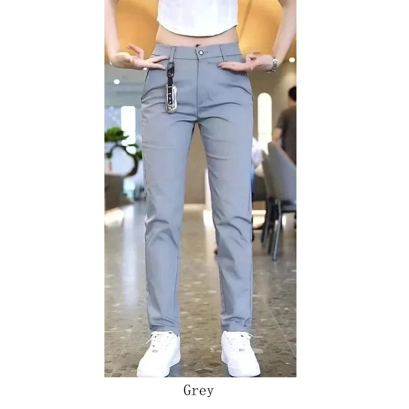 Calça de golfe masculina de seda gelo, calça casual de peso médio, design simples, cáqui, preto, slim, perna reta, stretch, casual