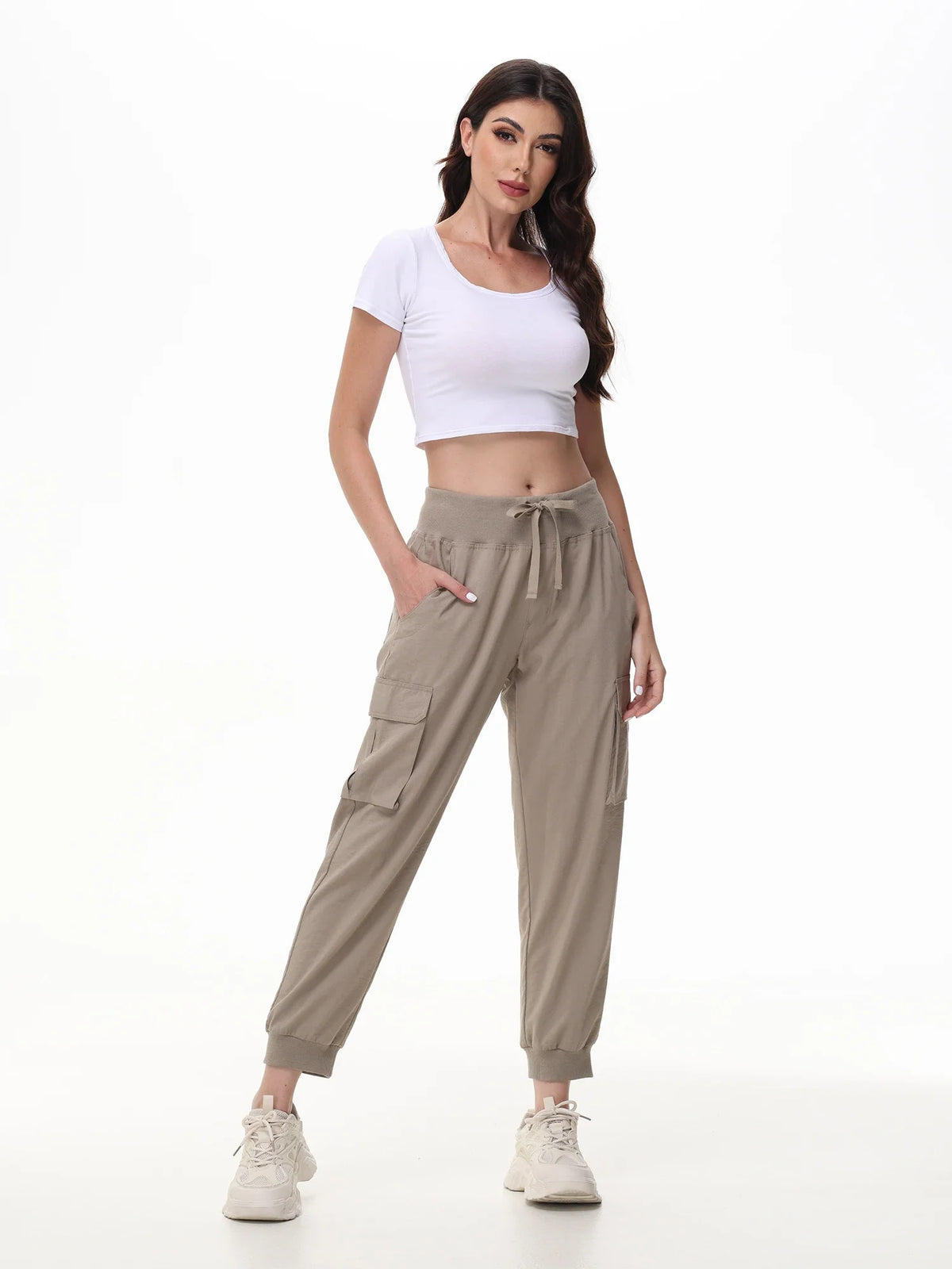 Calças femininas casuais para ioga e corrida, tecido elástico e calças cortadas respiráveis, calças com 6 bolsos para mães femininas