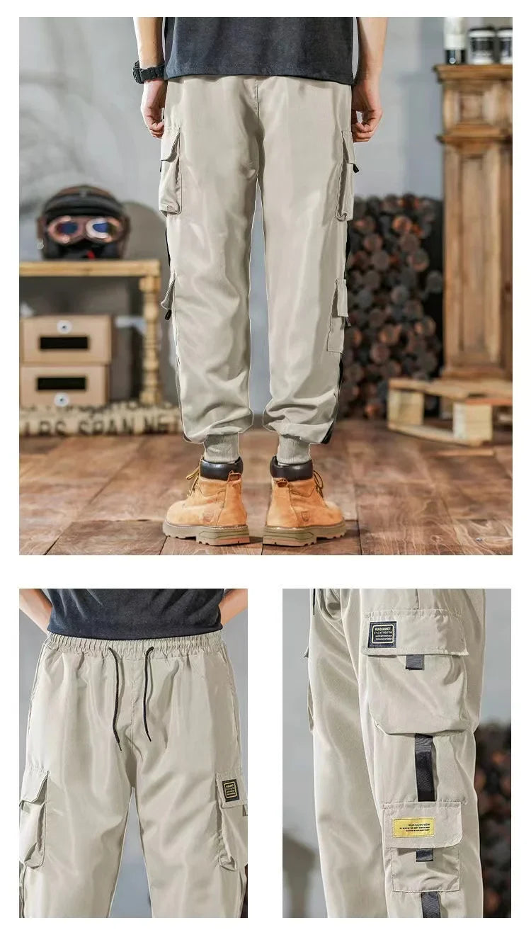 Masculino Casual Hip Hop Calças Cargo, Hit Color, Calças Bolsos Múltiplos, Streetwear, Fitas Techwear, Moletom