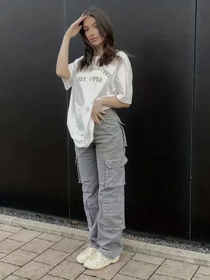 Calça jeans de cintura alta feminina, jeans casual, rua, estilo hip-hop, na moda, Y2K
