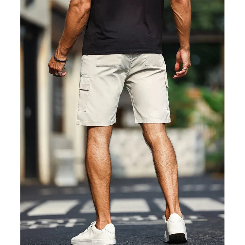Drawstring Carga Shorts dos homens, bolso cor sólida