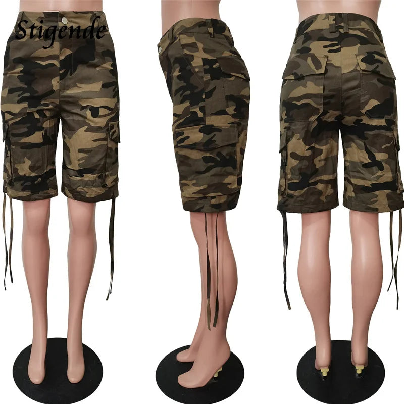 Stigende Camuflagem Verão Shorts de Carga Mulheres Casual Bandagem Bolso Shorts Senhoras Slim Fit Lace Up Botão Shorts Streetwear