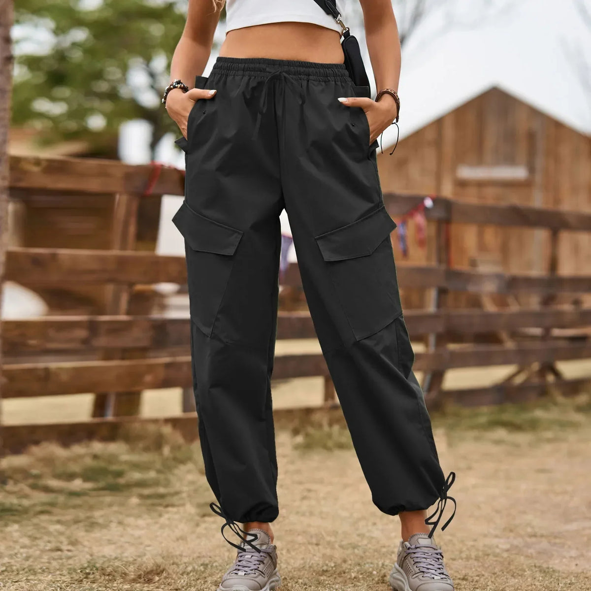 Calça retrô Harajuku feminina, com bolsos, macacão solto, cintura de cordão, streetwear casual, estilo americano