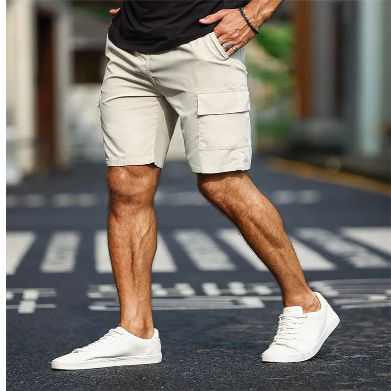 Drawstring Carga Shorts dos homens, bolso cor sólida