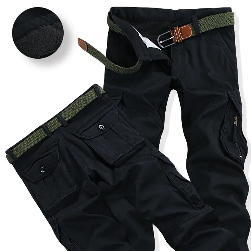 Jogger solto casual masculino com bolso de pele, calça grossa quente de carga, calças de lã plus size, moda escovada, trabalhador masculino, inverno