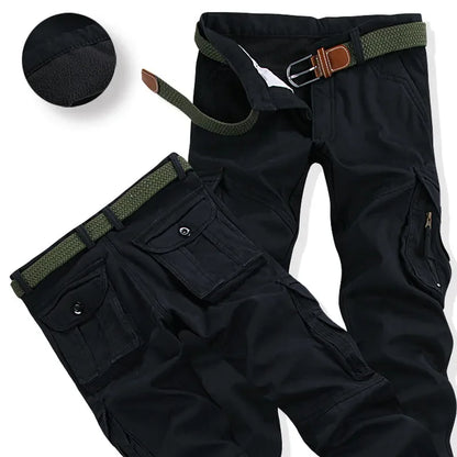 Jogger solto casual masculino com bolso de pele, calça grossa quente de carga, calças de lã plus size, moda escovada, trabalhador masculino, inverno