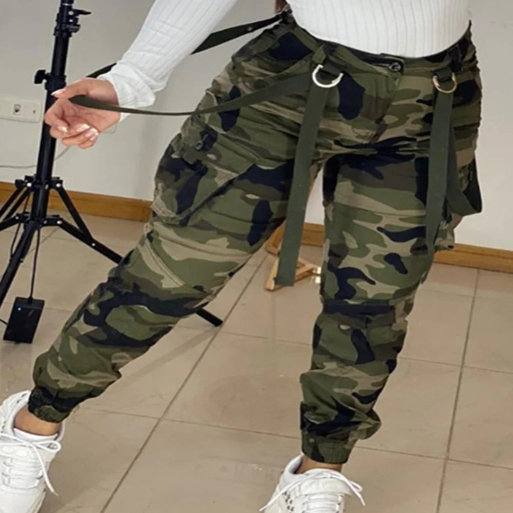 Moletom tático camuflado para mulheres, bolsos múltiplos, calças cargo ao ar livre, vestuário feminino, corredores, treinamento atlético, verão